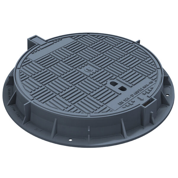 Чугунен капак Ø600 мм с панта, плътен, клас D400